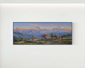 Original Pokhara Himalayan landscape painting featuring Annapurna mountain range, Nepal village houses, golden sunrise peaks, panoramic mountain wall art and fine landscape artwork.