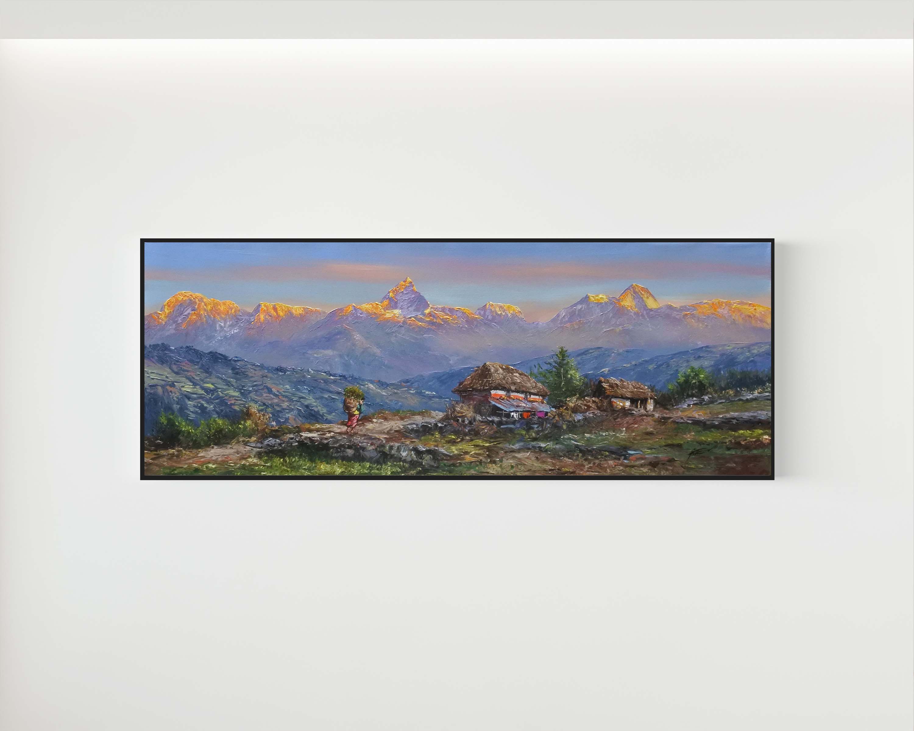 Original Pokhara Himalayan landscape painting featuring Annapurna mountain range, Nepal village houses, golden sunrise peaks, panoramic mountain wall art and fine landscape artwork.