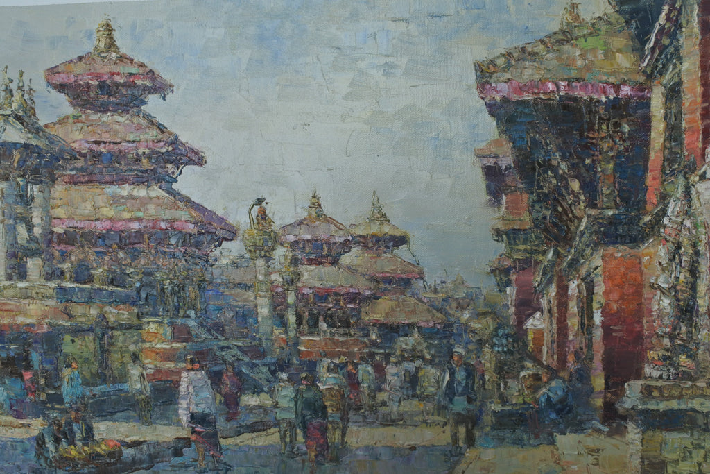 This original hand-painted cityscape captures the timeless atmosphere of Patan Durbar Square, one of Nepal’s most culturally rich and historic spaces. Rendered in expressive, textured brushstrokes, the artwork portrays daily life unfolding around sacred temples and traditional Newari architecture.
