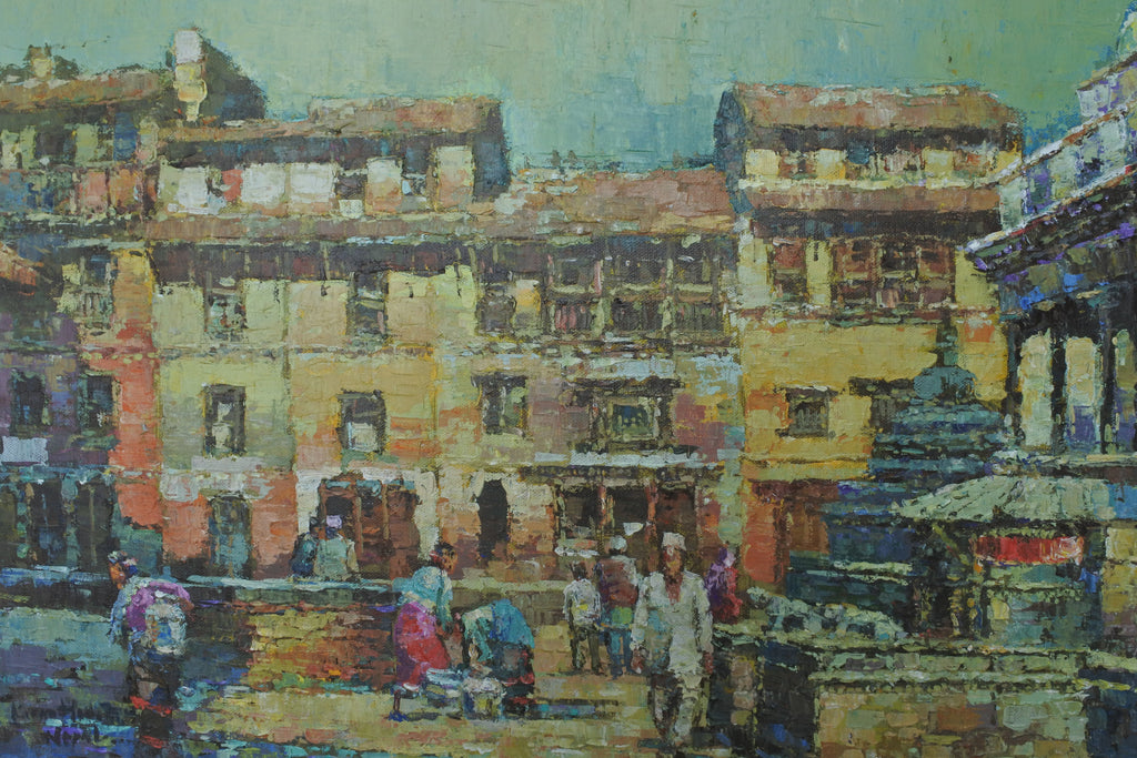 Impressionistic cityscape painting inspired by traditional Nepalese streets and daily life