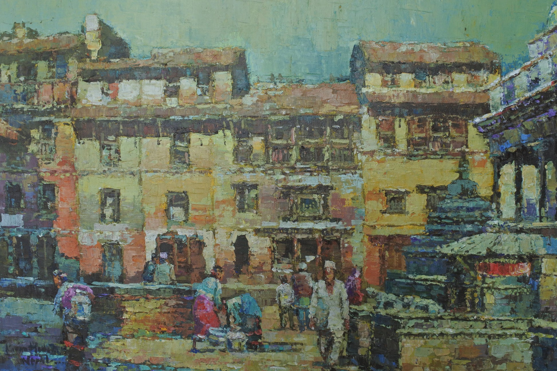 Impressionistic cityscape painting inspired by traditional Nepalese streets and daily life