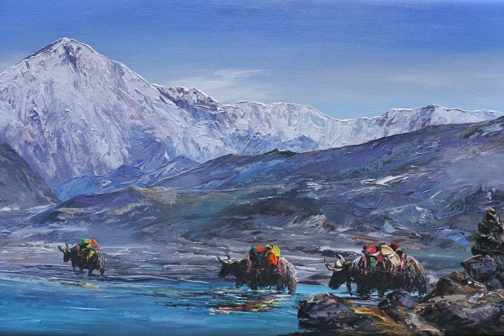 Panoramic Himalayan landscape painting of snowy mountains and yak caravans displayed as framed wall art.