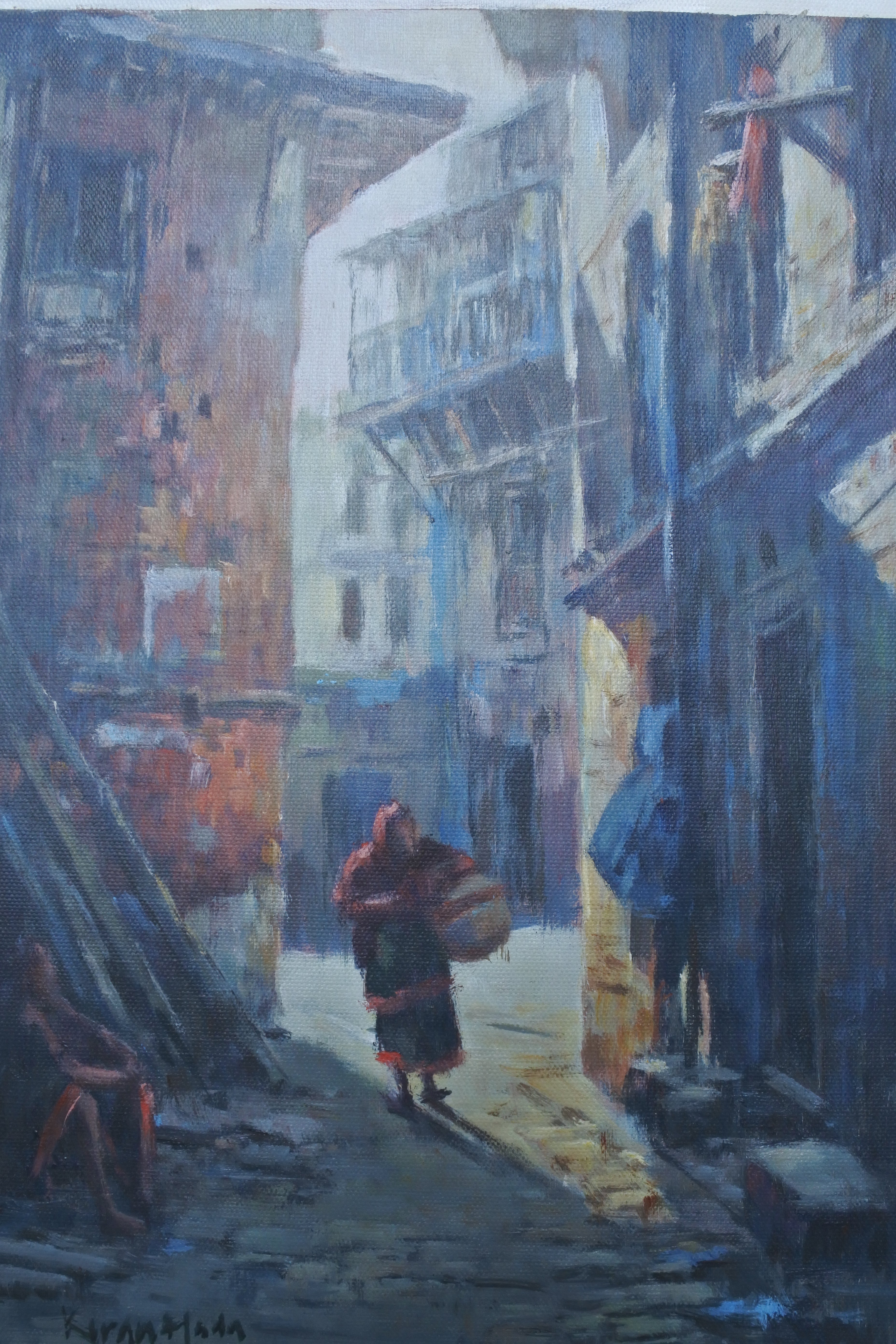 Hand-painted cityscape artwork of a historic alley in Patan, Nepal