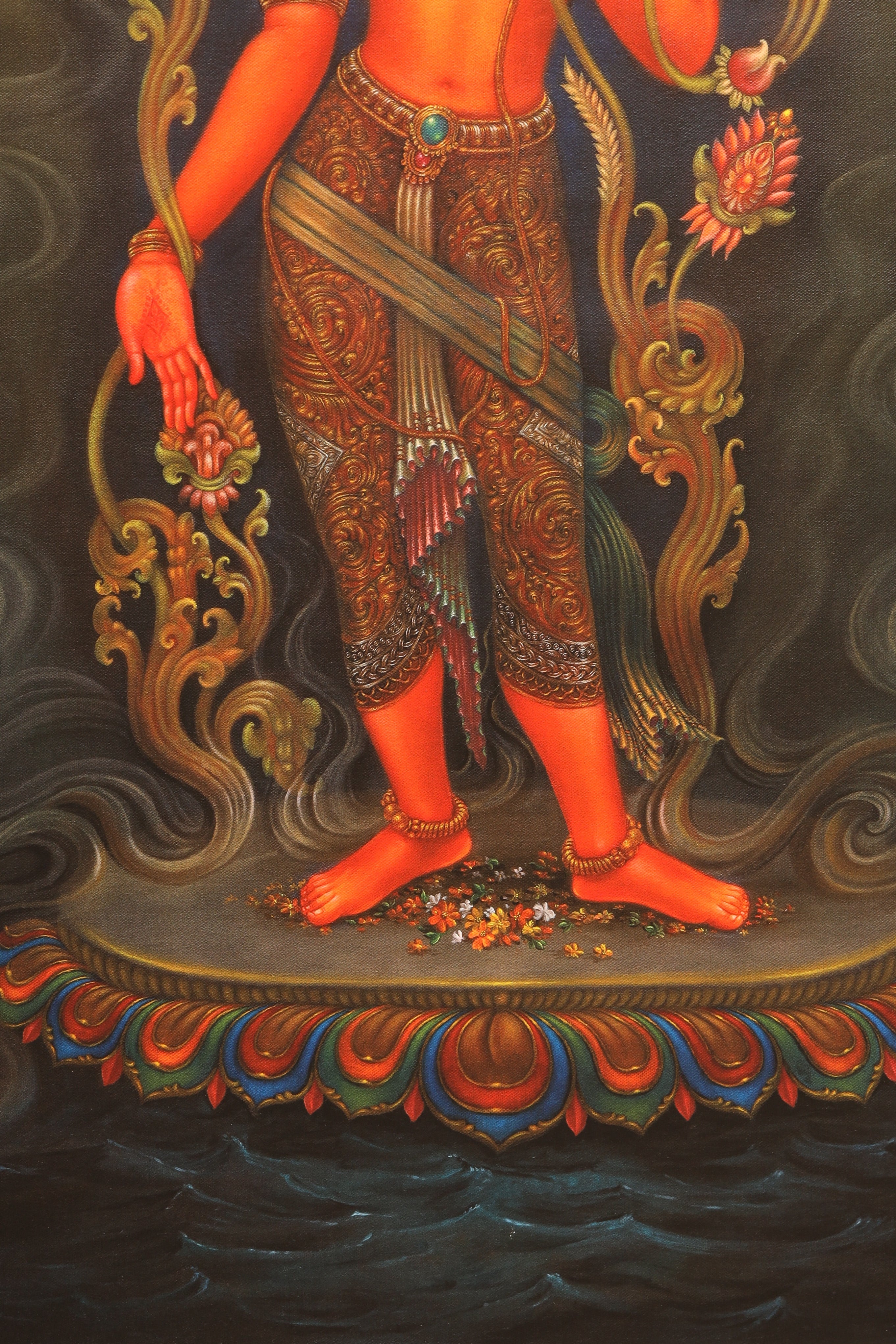 Colorful depiction of a figure with intricate patterns and jewelry on a dark background