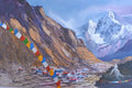 Painting of a mountainous landscape with prayer flags and buildings.