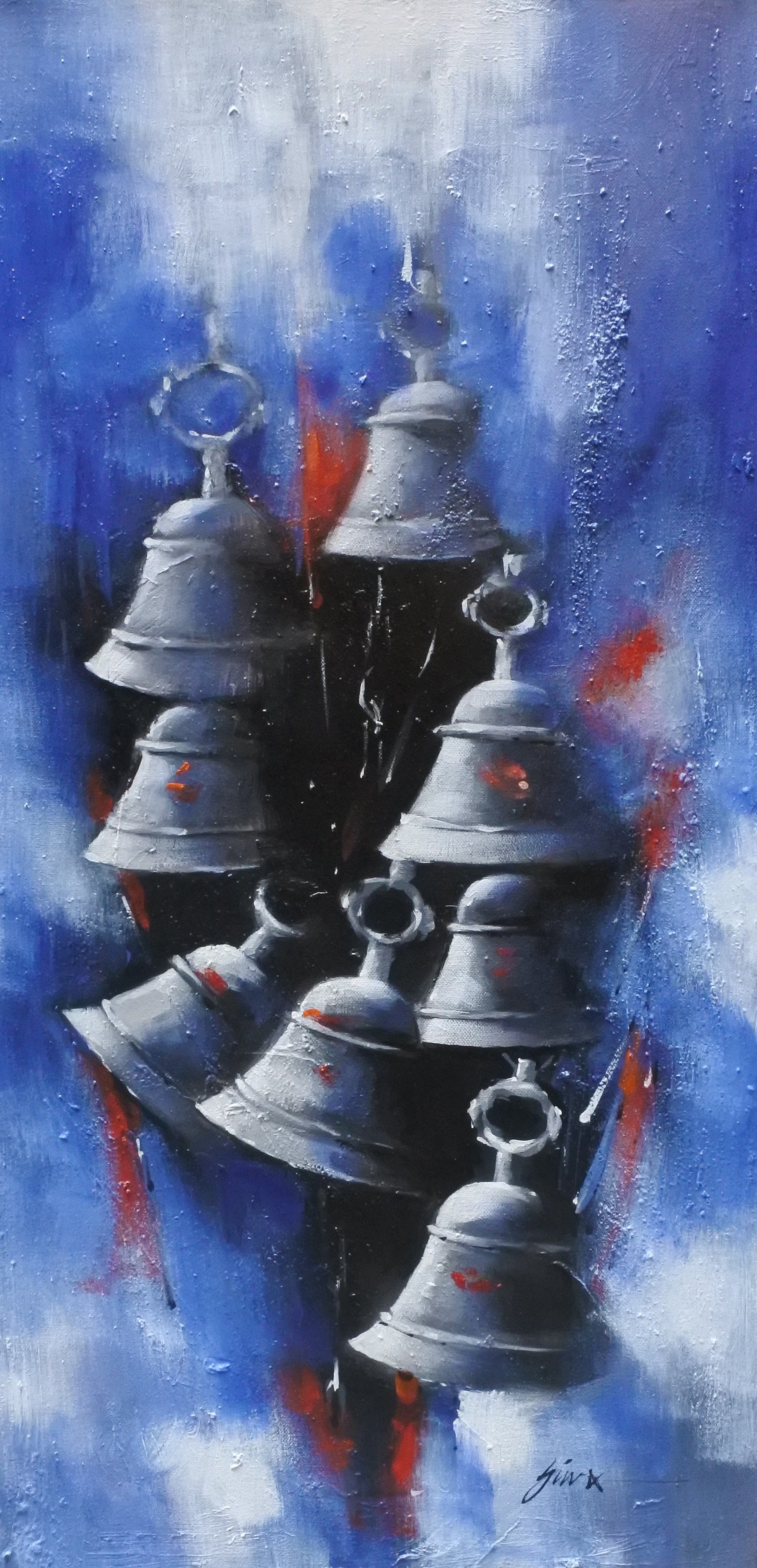 Hand-painted temple bells artwork inspired by Himalayan spiritual rituals and sacred sound