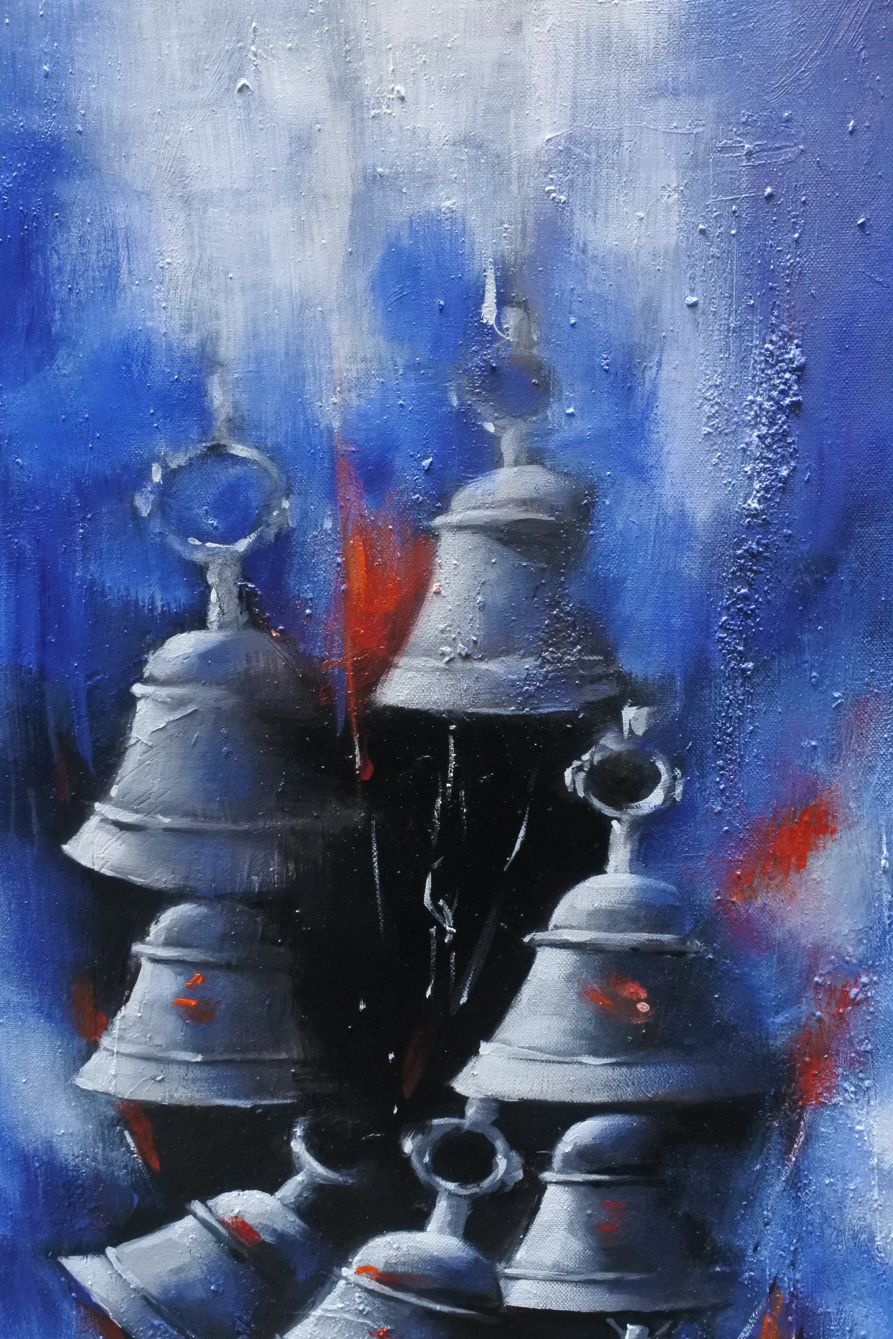 Hand-painted temple bells artwork inspired by Himalayan spiritual rituals and sacred sound
