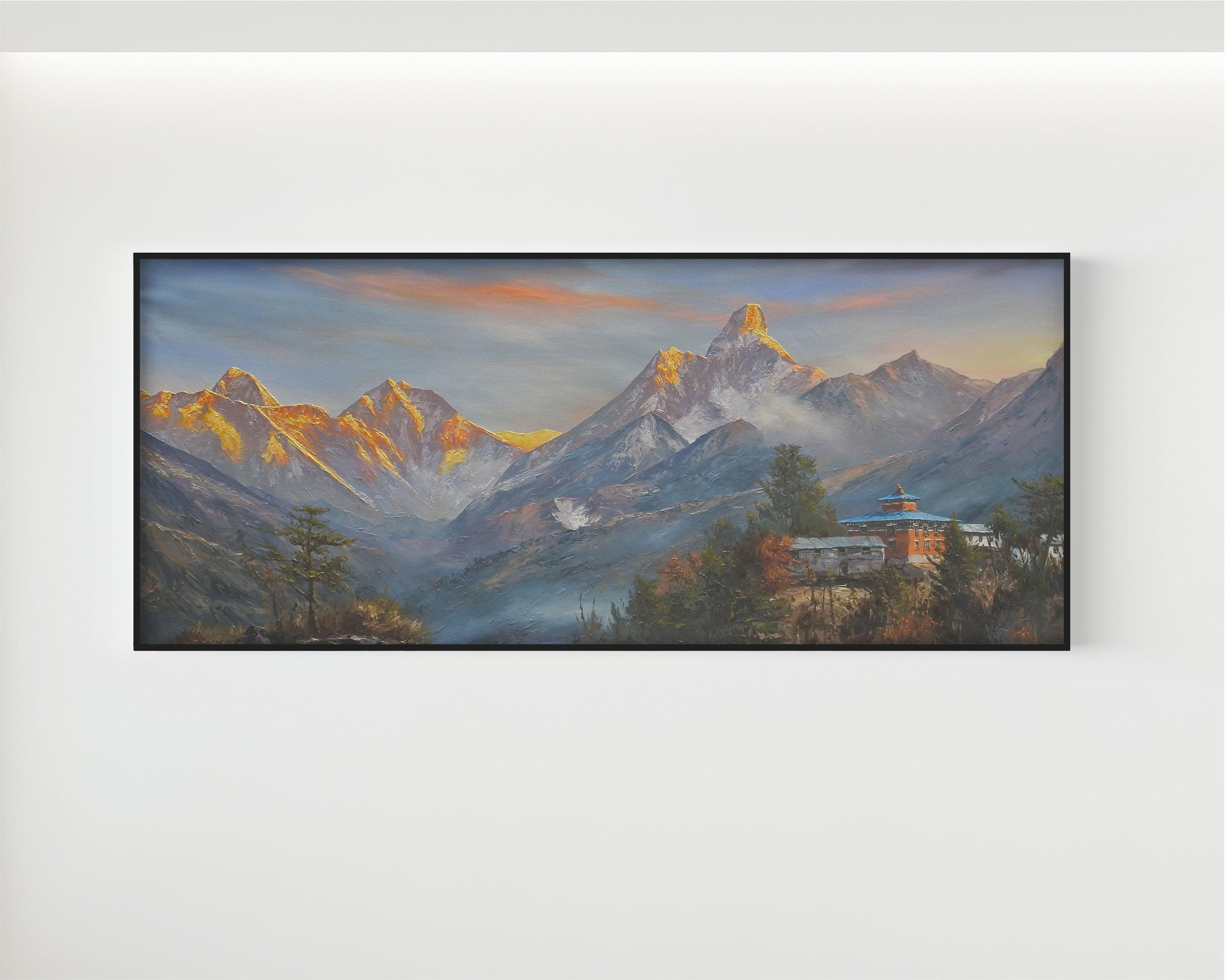 Tengboche Monastery painting, Ama Dablam art, Himalayan landscape, Nepal mountain painting, Buddhist monastery artwork, handmade painting Nepal, spiritual landscape art.