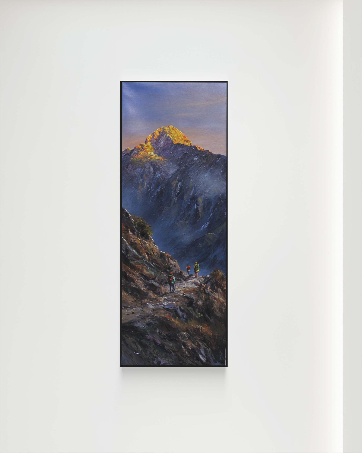 Shop an original Himalayan mountain landscape painting from Nepal. Golden sunrise, snow-capped peaks and misty blue mountains, hand-painted by a Nepalese artist.
