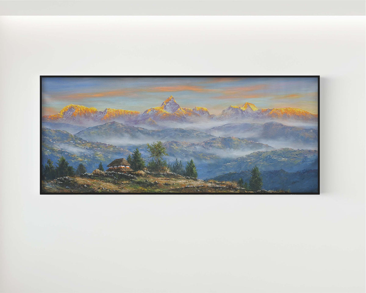 Original Himalayan Mountain Landscape Painting – Golden Sunrise Over the Himalayas