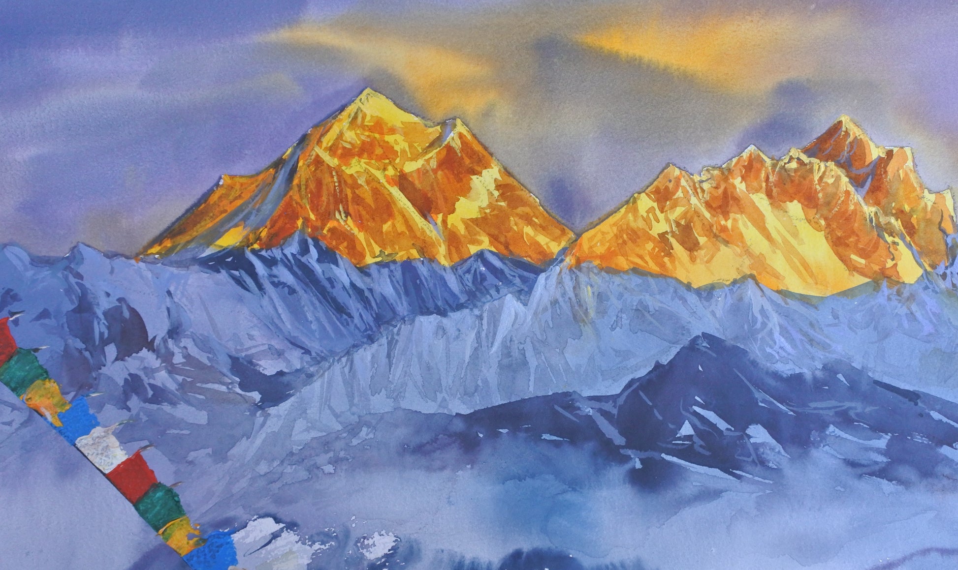 Painting of a mountain landscape with colorful prayer flags and climbers.