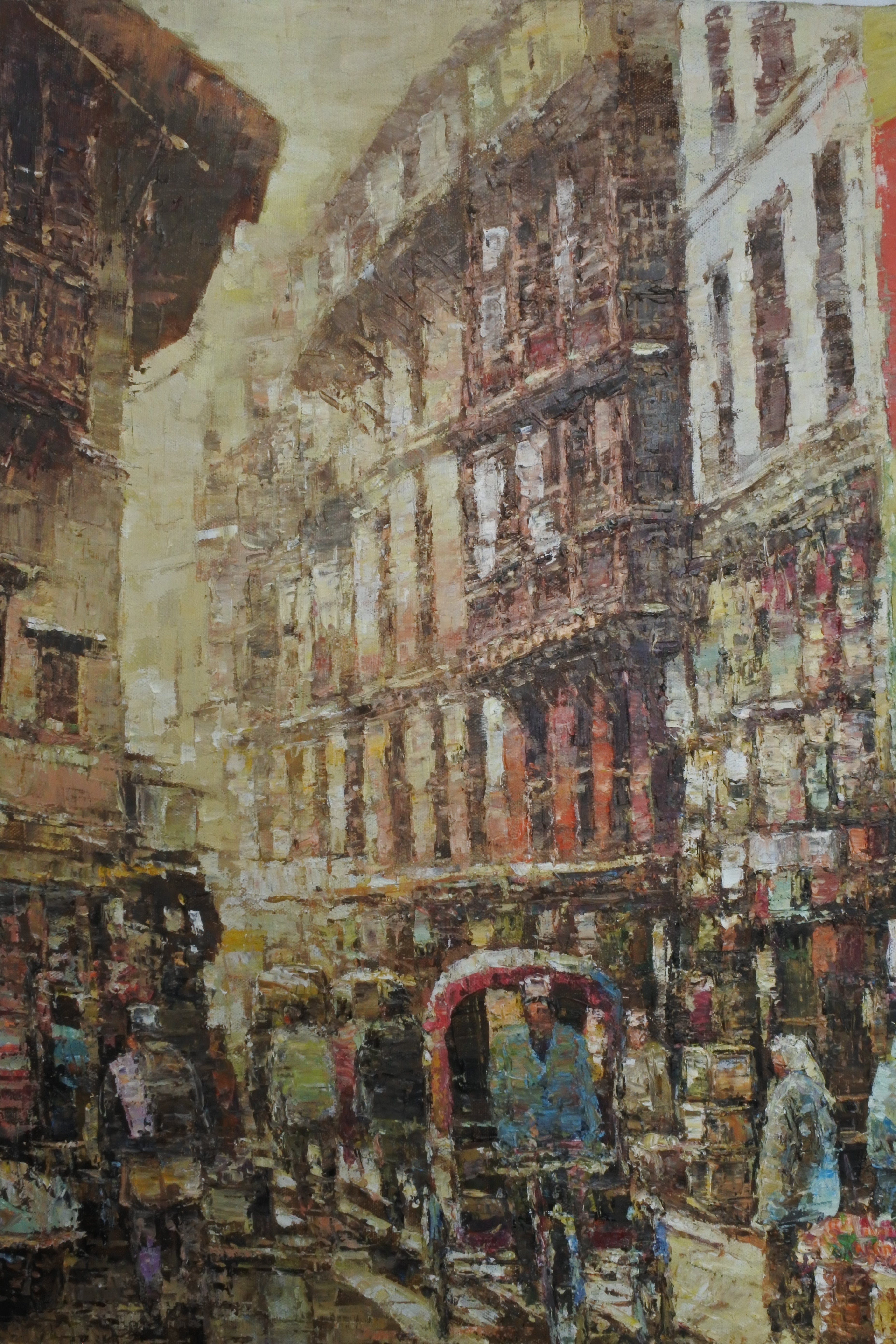 Painting of a busy street scene with people and rickshaws in an urban setting.