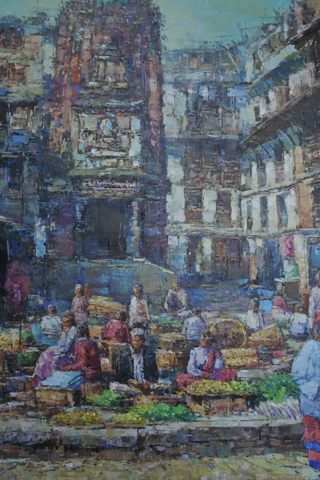 Original handmade Kathmandu Nepal cityscape painting of Maru’s historic Newari buildings and lively traditional market square, featuring expressive blue and earthy tones.