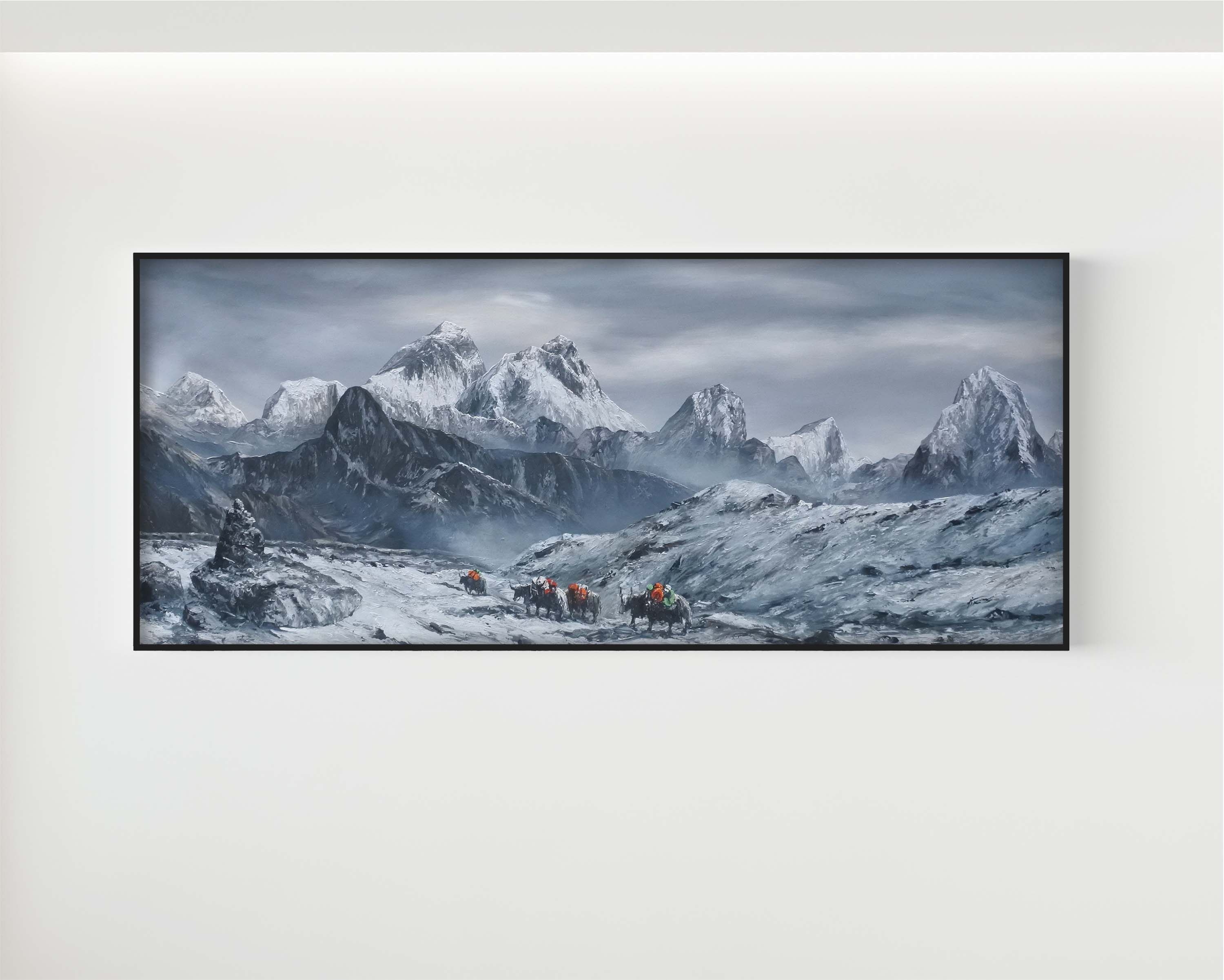 Landscape Painting, Mountain Painting, Himalayan Art, Everest Painting, Nepal Landscape Artwork, Snow Mountain Canvas, Large Wall Art, Panoramic Landscape Painting, Fine Art Landscape, Original Mountain Artwork, Contemporary Himalayan Painting, Luxury Wall Decor.