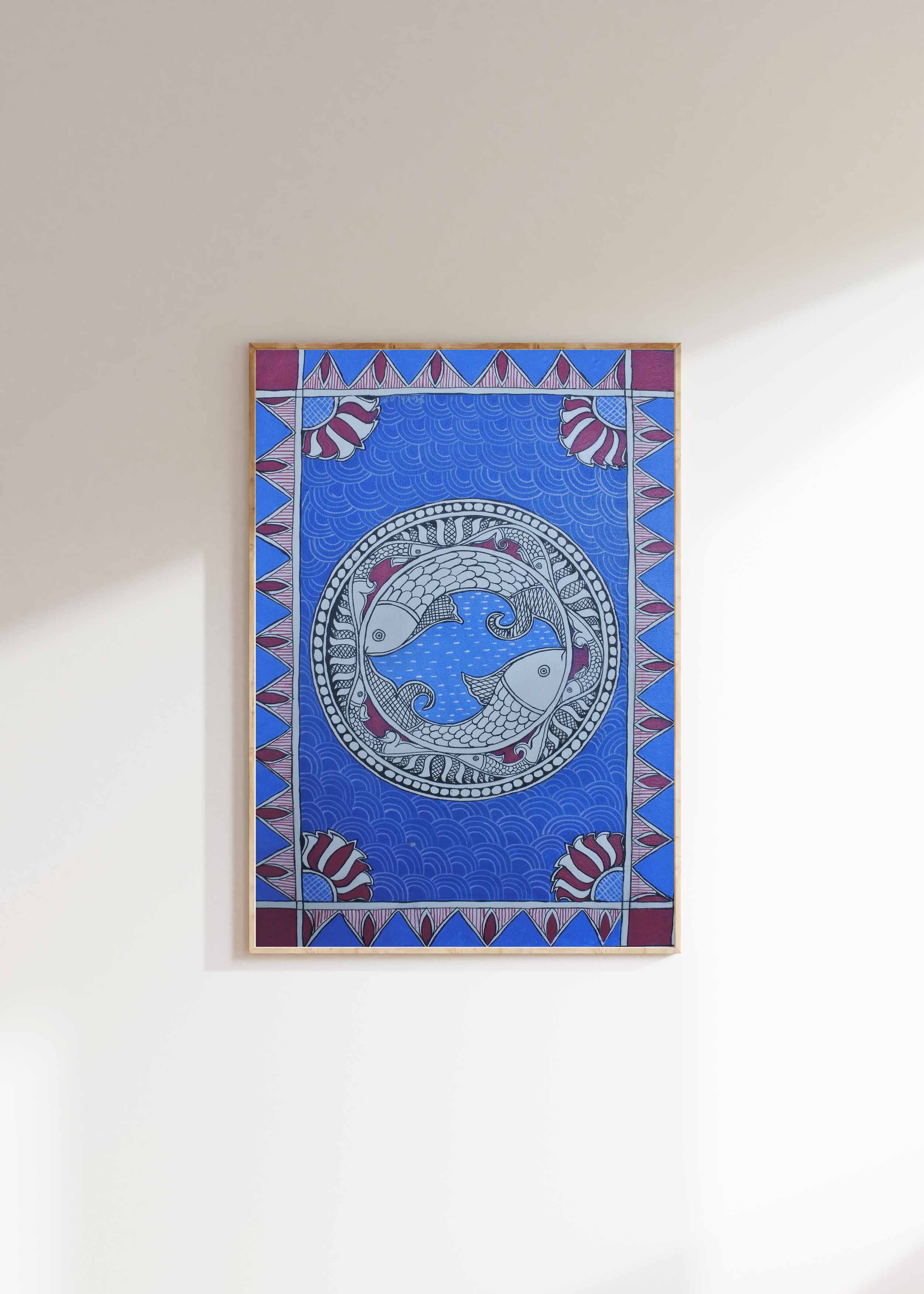 mithila painting
madhubani art
fish wall art
folk art nepal
handmade painting
spiritual wall art
prosperity symbol
cultural artwork
boho wall decor
traditional art
hindu symbolism art
nepali art
unique wall decor