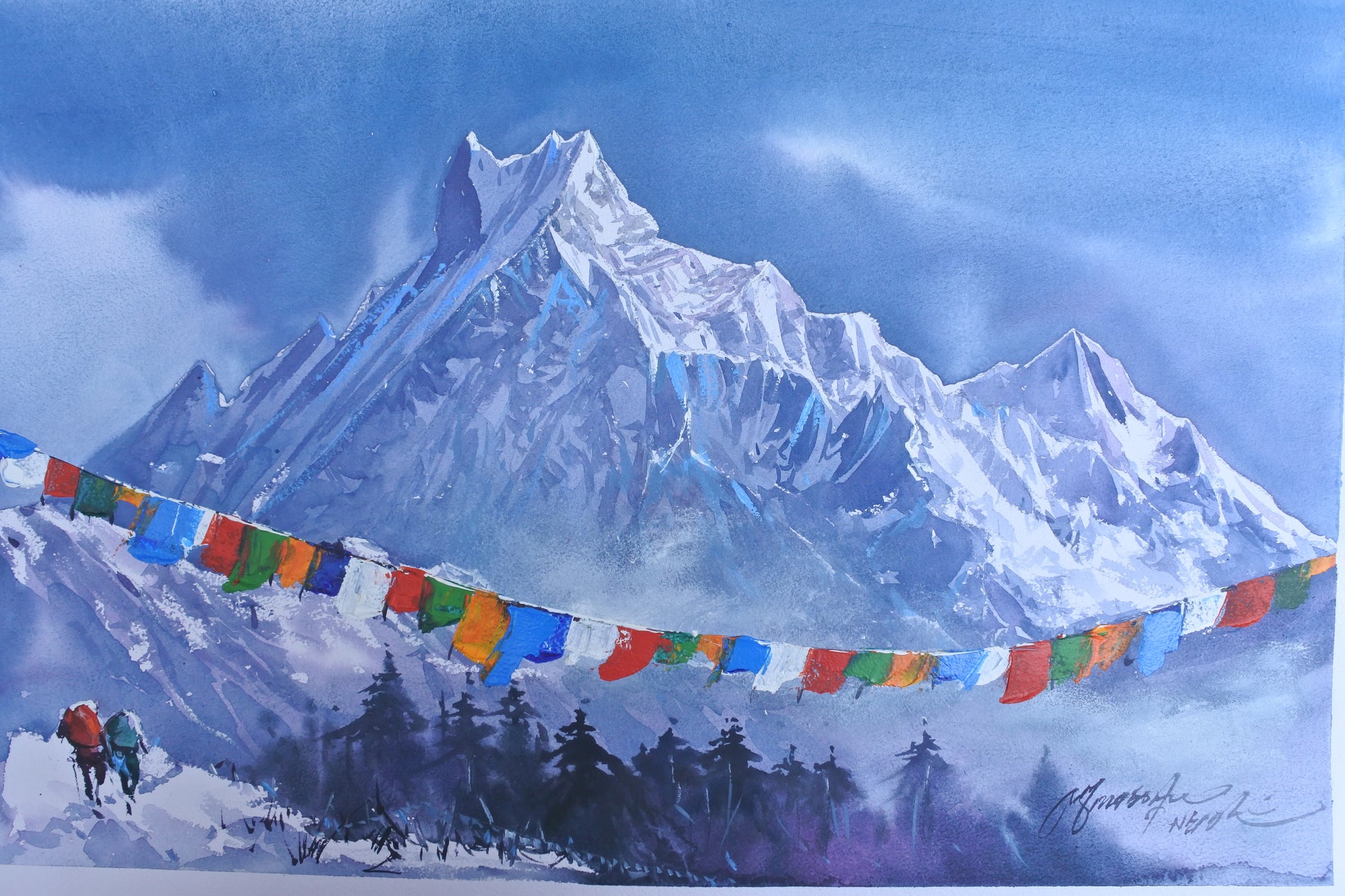 Painting of a snowy mountain landscape with prayer flags and two figures hiking.