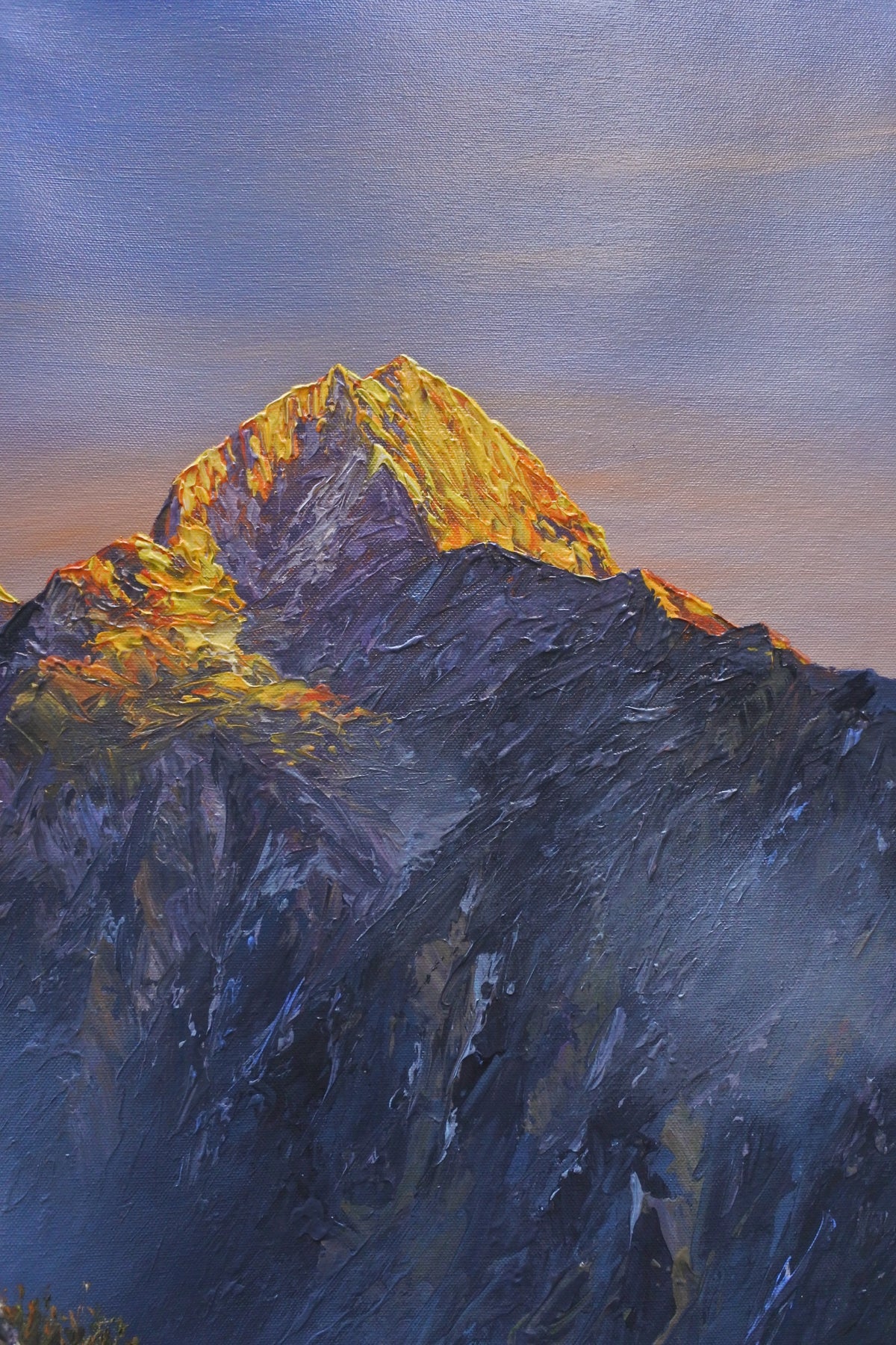 snow-capped mountain painting, golden sunrise landscape painting, misty mountain artwork