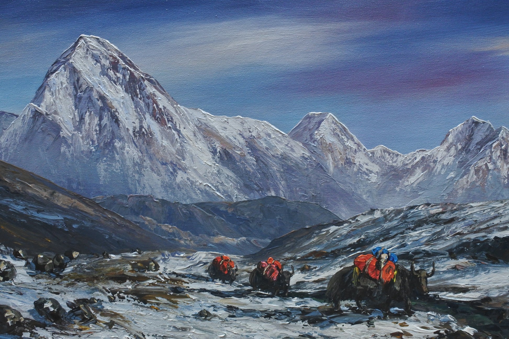 Mount Pumori & Himalayan Yaks – Original Hand-Painted Everest Region Landscape