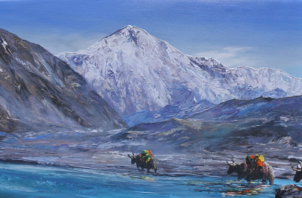 Experience the breathtaking beauty of the Himalayas with this panoramic Cho Oyu mountain painting, inspired by the dramatic landscapes of Nepal and the traditional yak caravans of the high Himalayas. 
