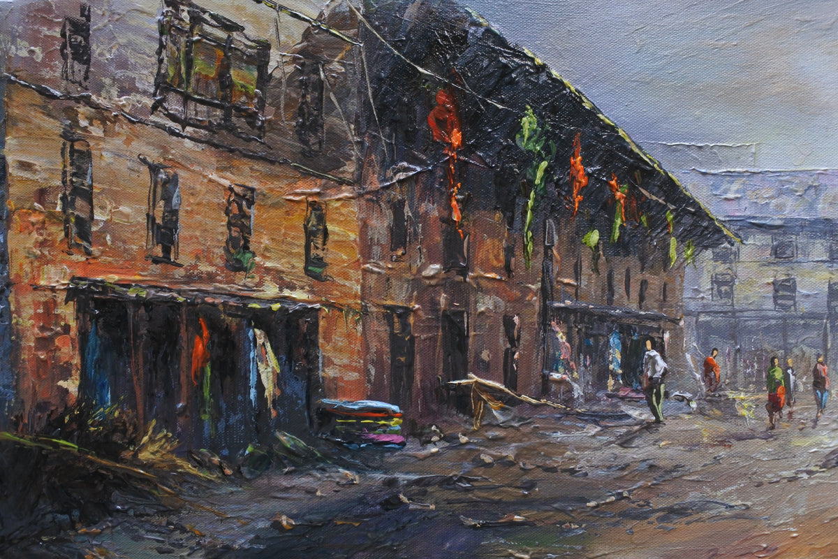 Original Kathmandu cityscape painting displayed on a living room wall as panoramic Nepalese wall art.
