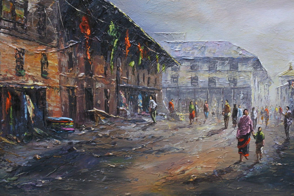 Close-up of traditional Kathmandu street architecture and textured brushwork in an original Nepalese cityscape painting.