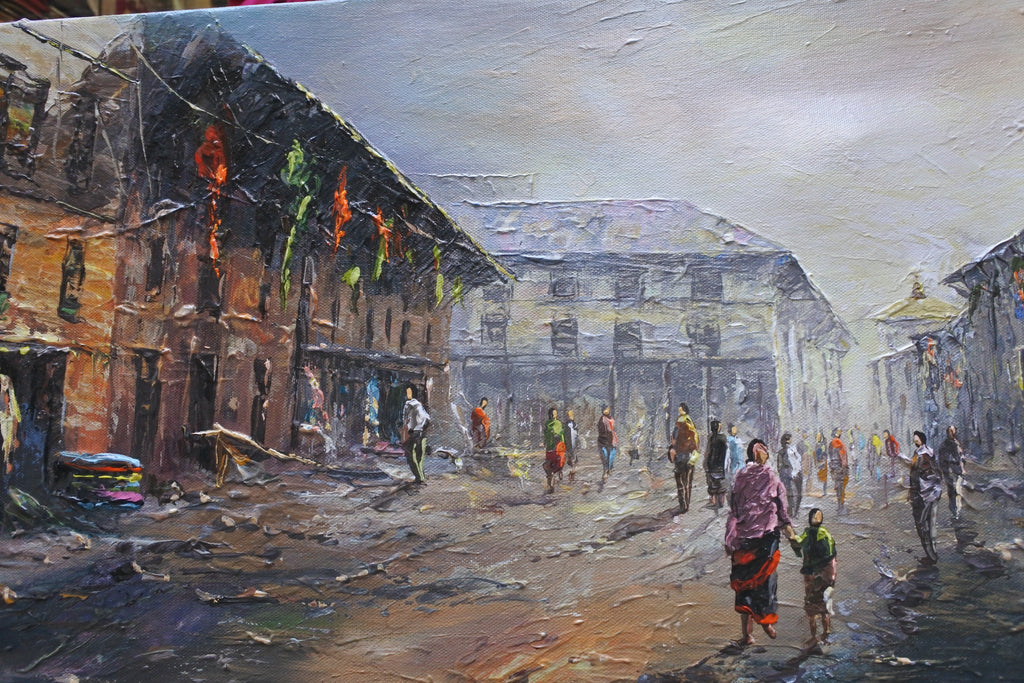 An impressionistic oil painting of a bustling street scene with buildings, pedestrians, and a hazy sky, rendered in earthy tones with accents of orange, green, and pink.