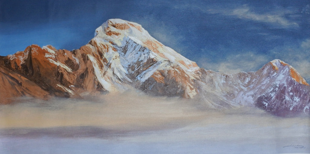 Painting of a mountain landscape with snow-capped peaks and misty foreground