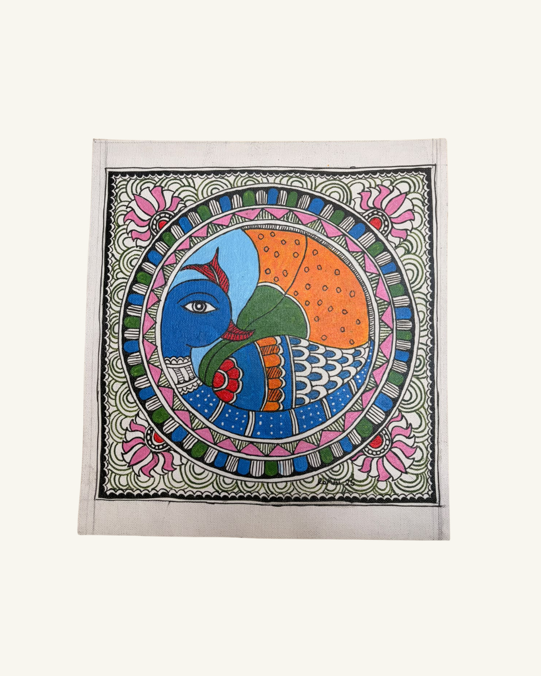 A square folk art print or painting featuring a stylized peacock in a circular frame, surrounded by intricate floral and geometric patterns. The artwork is displayed flat against a solid off-white background.