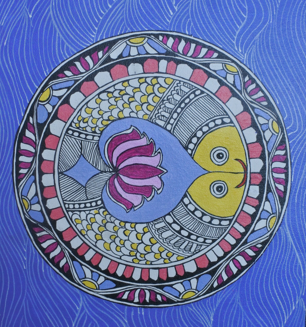 Colorful abstract design with circular pattern and floral elements on a blue background