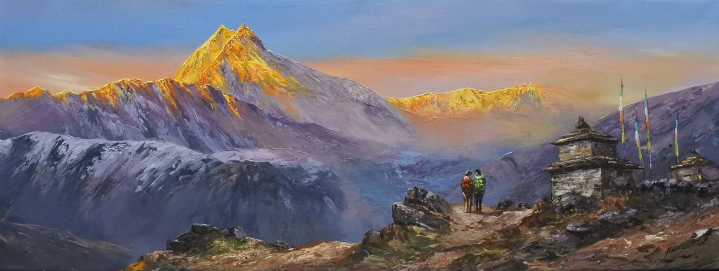 Original Mount Manaslu landscape painting featuring Nepal's Himalayan mountain range, snow-capped peaks, panoramic scenery, and fine art wall decor.