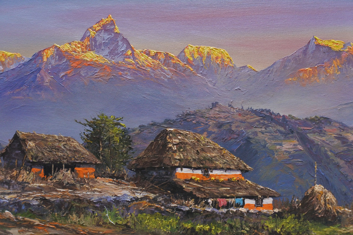 Original Himalayan sunrise landscape painting with golden light illuminating snow-capped mountain peaks above misty blue valleys.