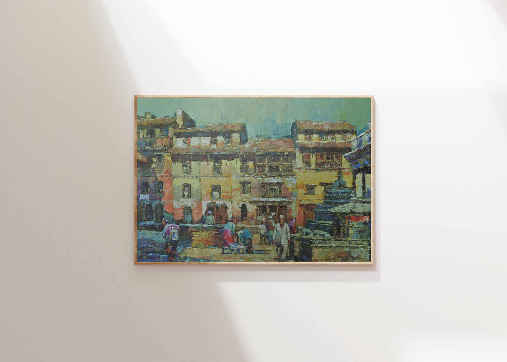 Impressionistic cityscape painting inspired by traditional Nepalese streets and daily life