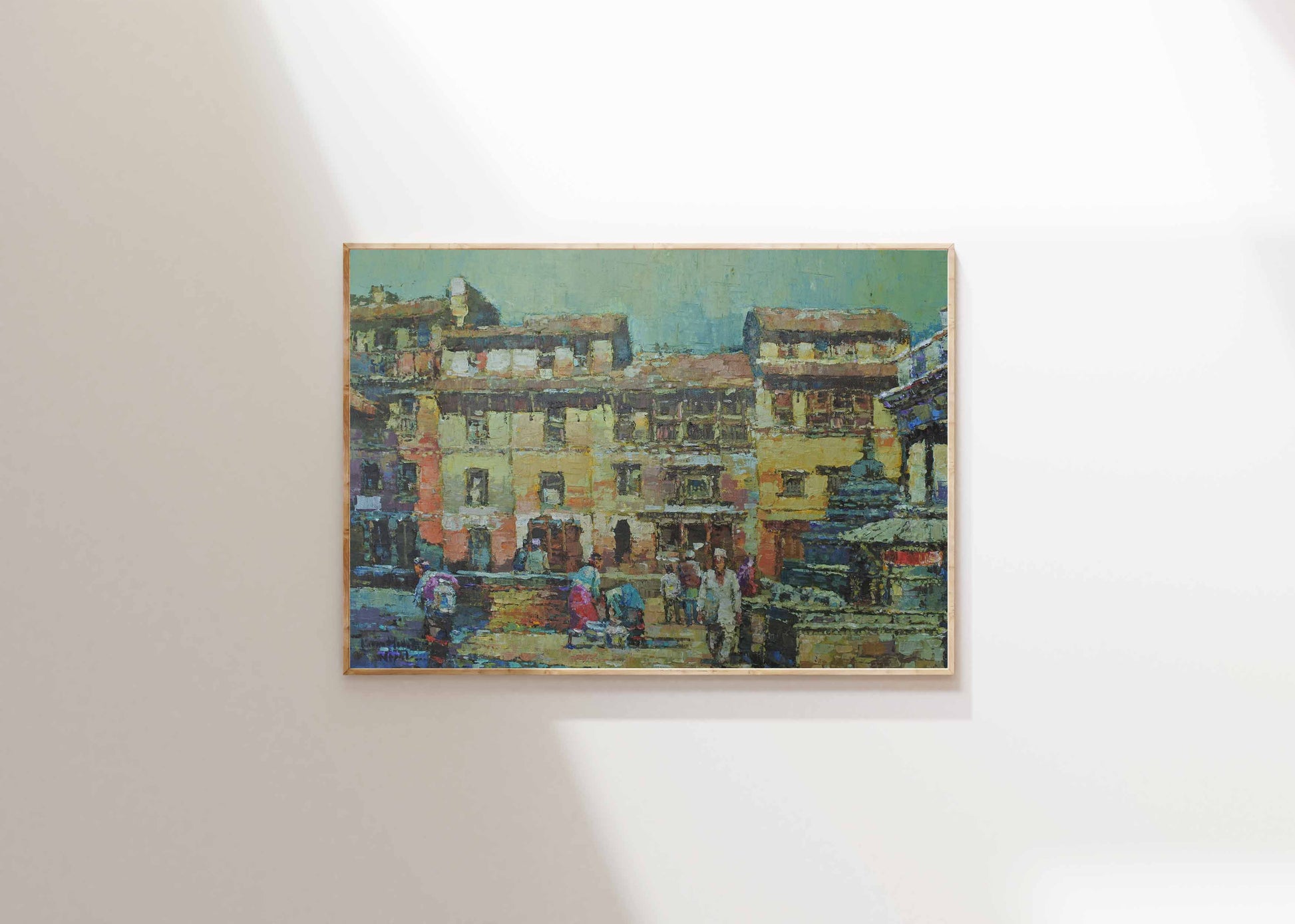 Impressionistic cityscape painting inspired by traditional Nepalese streets and daily life