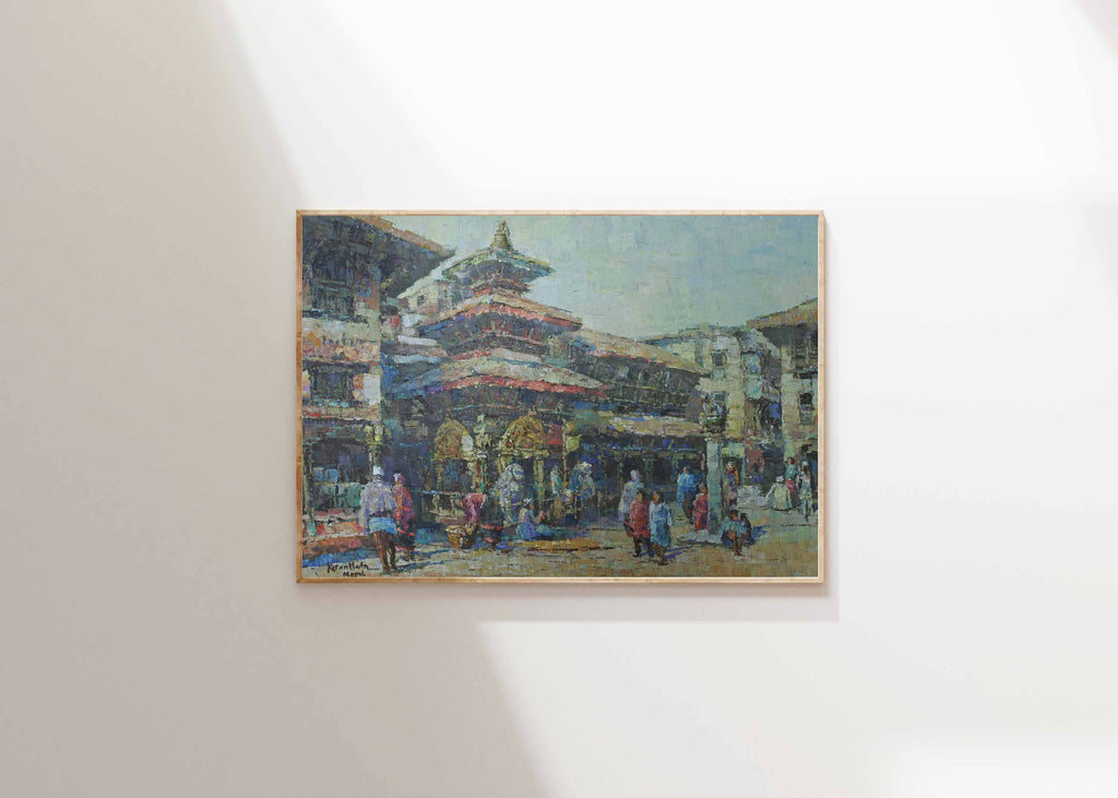impressionistic cityscape, original Nepal cityscape painting for sale,
hand-painted cultural artwork from Nepal, impressionistic figurative cityscape painting, traditional architecture painting Nepal