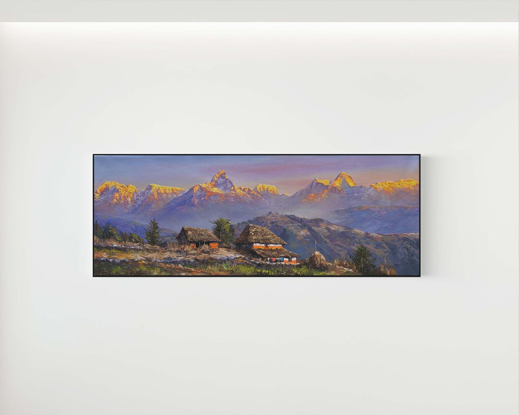 Original Himalayan mountain landscape painting from Nepal featuring snow-capped peaks, golden sunrise light, misty blue mountains and a peaceful mountain village.