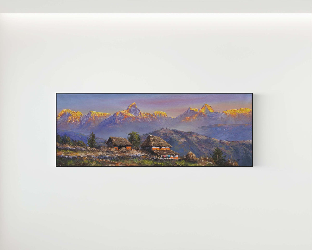 Original Himalayan mountain landscape painting from Nepal featuring snow-capped peaks, golden sunrise light, misty blue mountains and a peaceful mountain village.