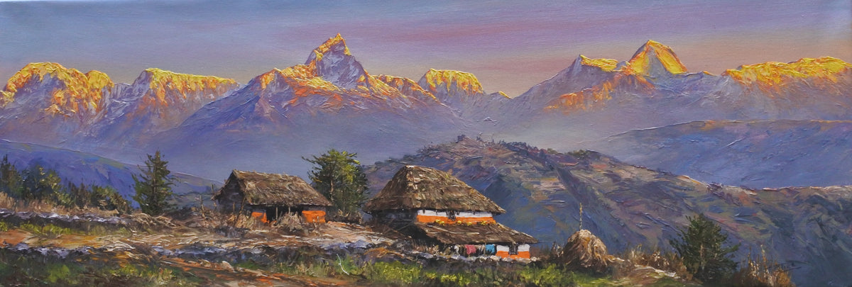 Large panoramic Himalayan mountain painting depicting expansive snow-capped peaks and layered mountain scenery, ideal for landscape art collectors