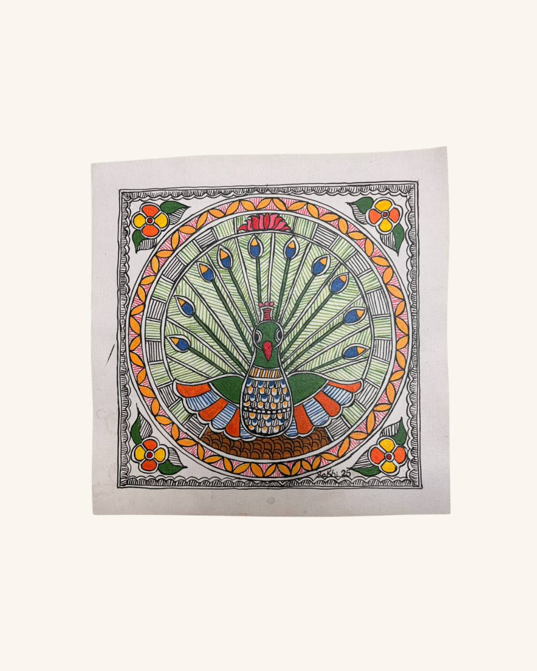 A square hand-painted folk art print depicting a peacock with a fanned tail, colored in green, orange, blue, and red, framed by a decorative border on a white paper background.