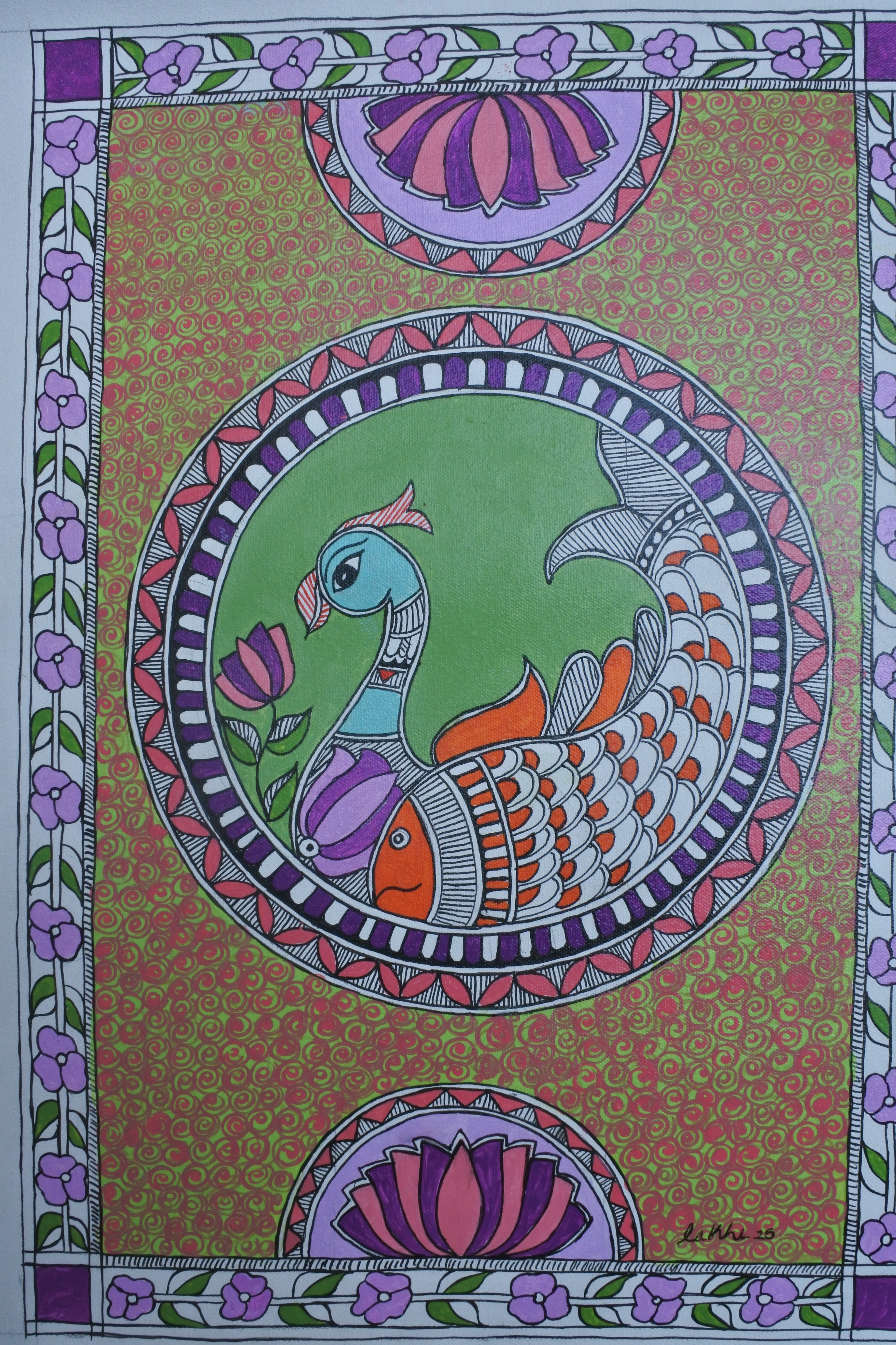Decorative artwork with colorful fish design on a patterned background