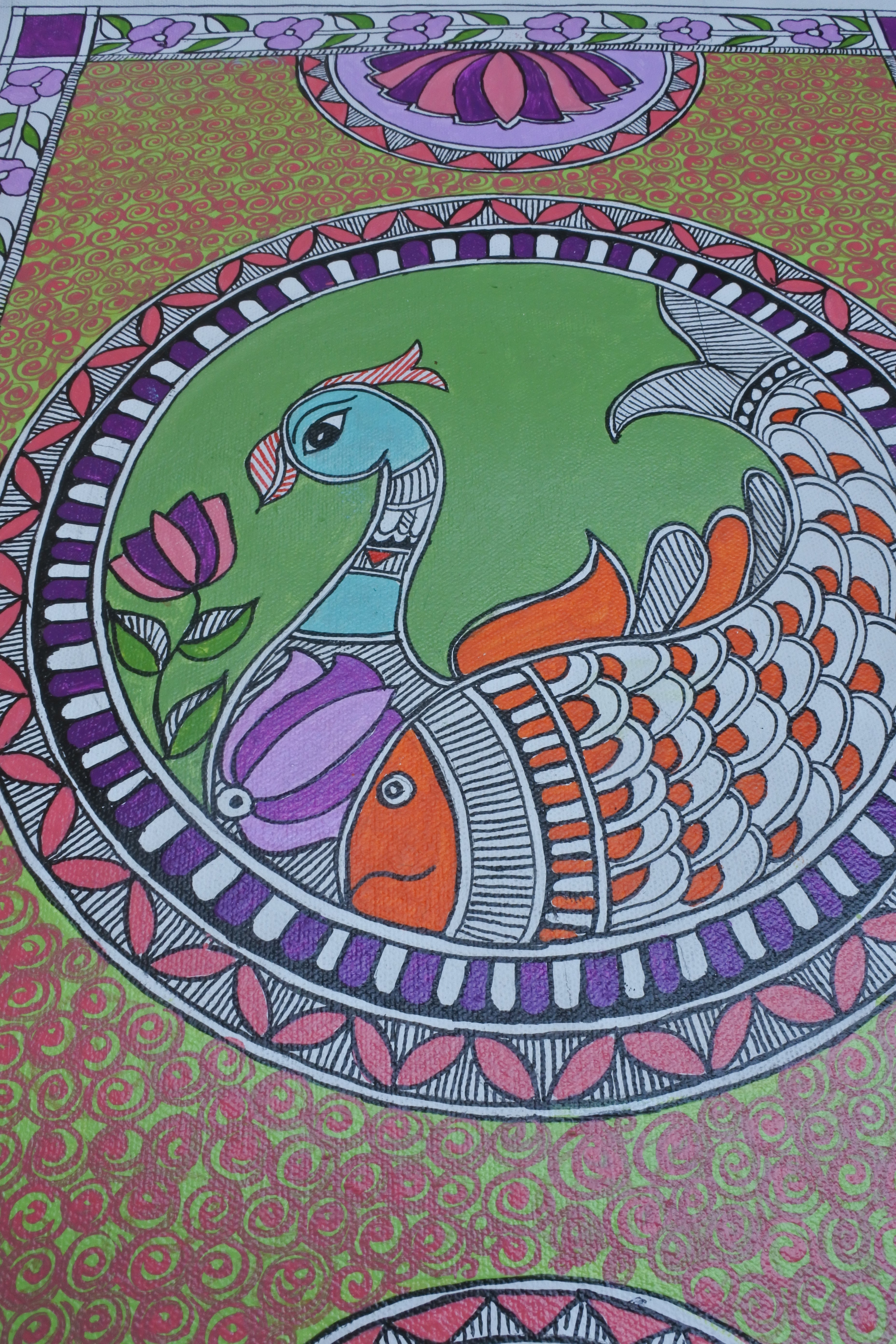 Colorful peacock design on a patterned background