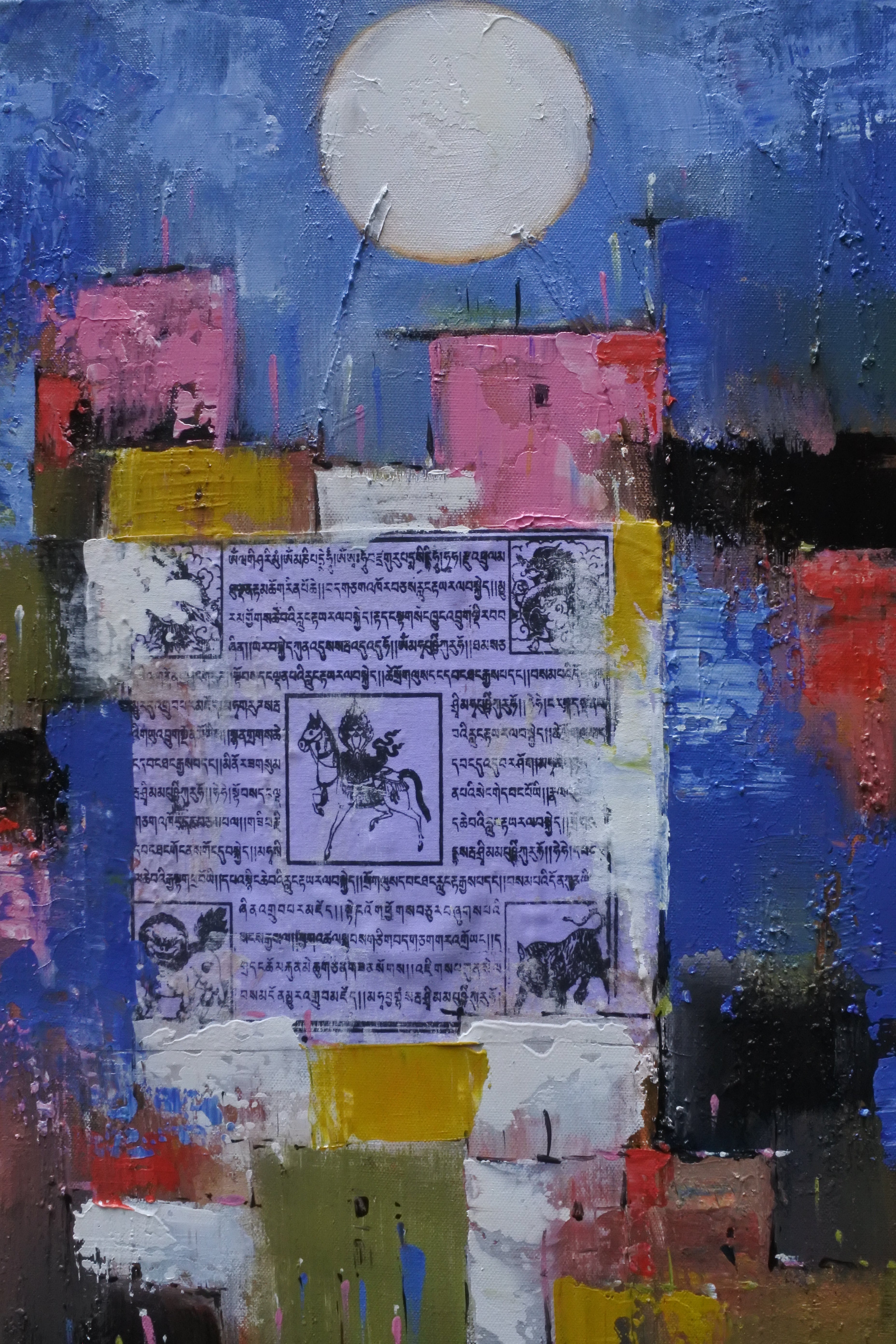 Contemporary spiritual abstract artwork from Nepal featuring layered textures, colourful architectural forms and a moon-like circular symbol.