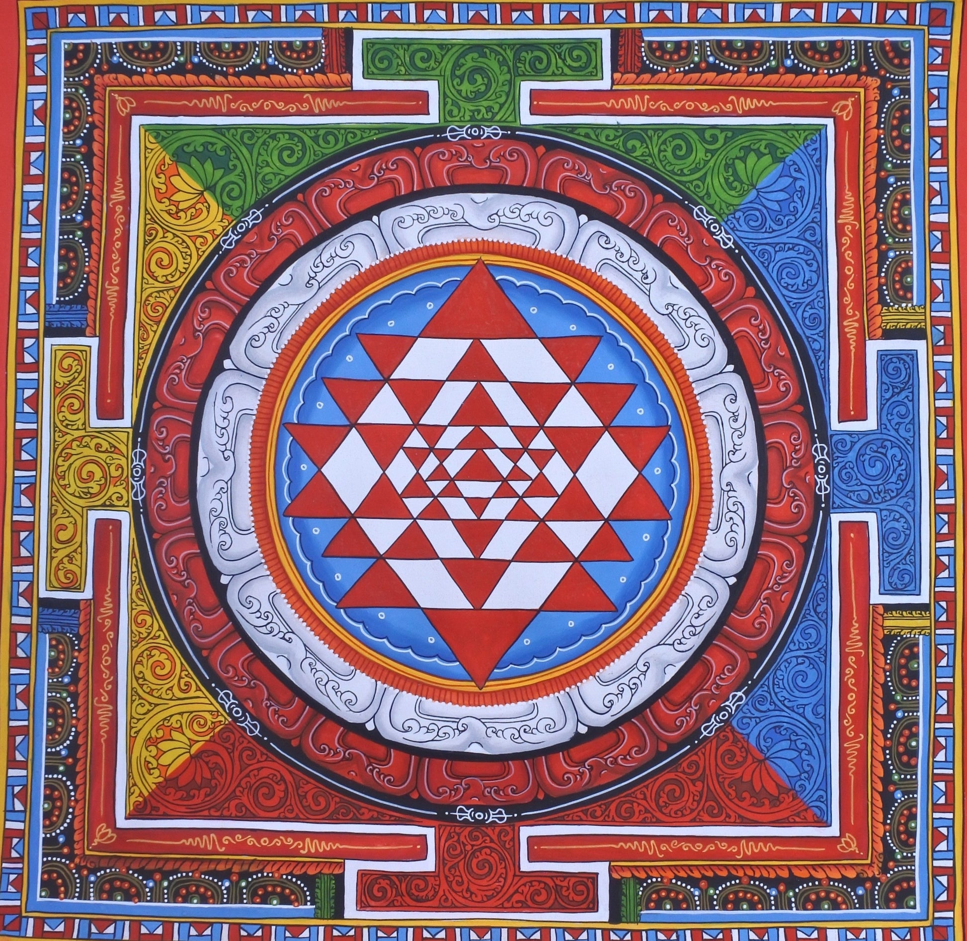 Colorful Sri Yantra design on a red background