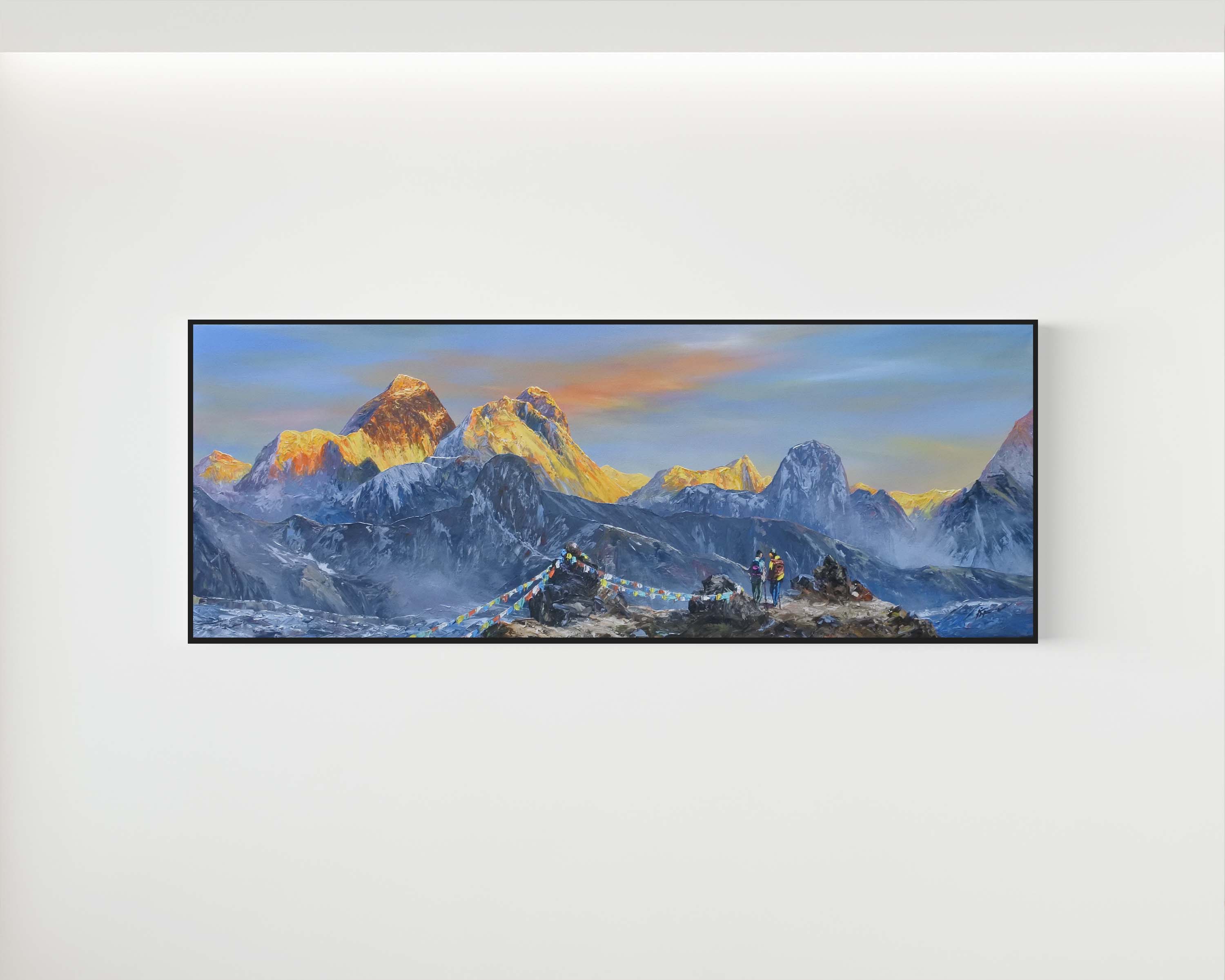 Everest Painting, Mount Everest Art, Everest Base Camp Artwork, Nepal Wall Art, Nepalese Painting, Himalayan Landscape, Himalayan Art, Mountain Painting, Trekking Art, Adventure Decor, Nepal Home Decor, Panorama Painting, Sunrise Mountain Art, Luxury Wall Decor, Prayer Flags Art, Everest Trek Souvenir, Nepal Gift, Himalayan Canvas Art, Landscape Artwork, Arts Nepal Gallery