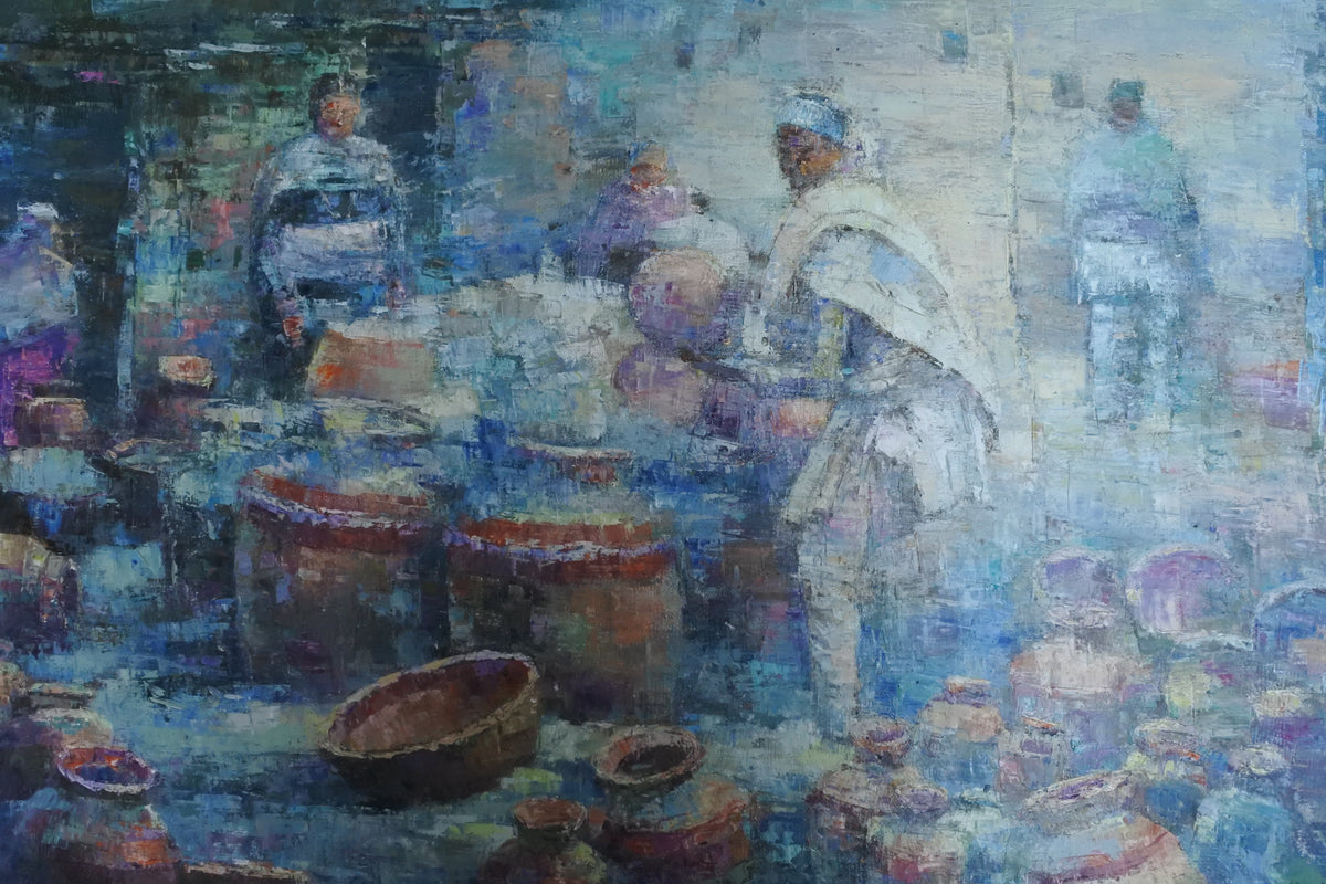 Handmade Nepalese painting inspired by Thimi pottery in Bhaktapur, featuring traditional clay pots in expressive blue, turquoise, and earthy tones.