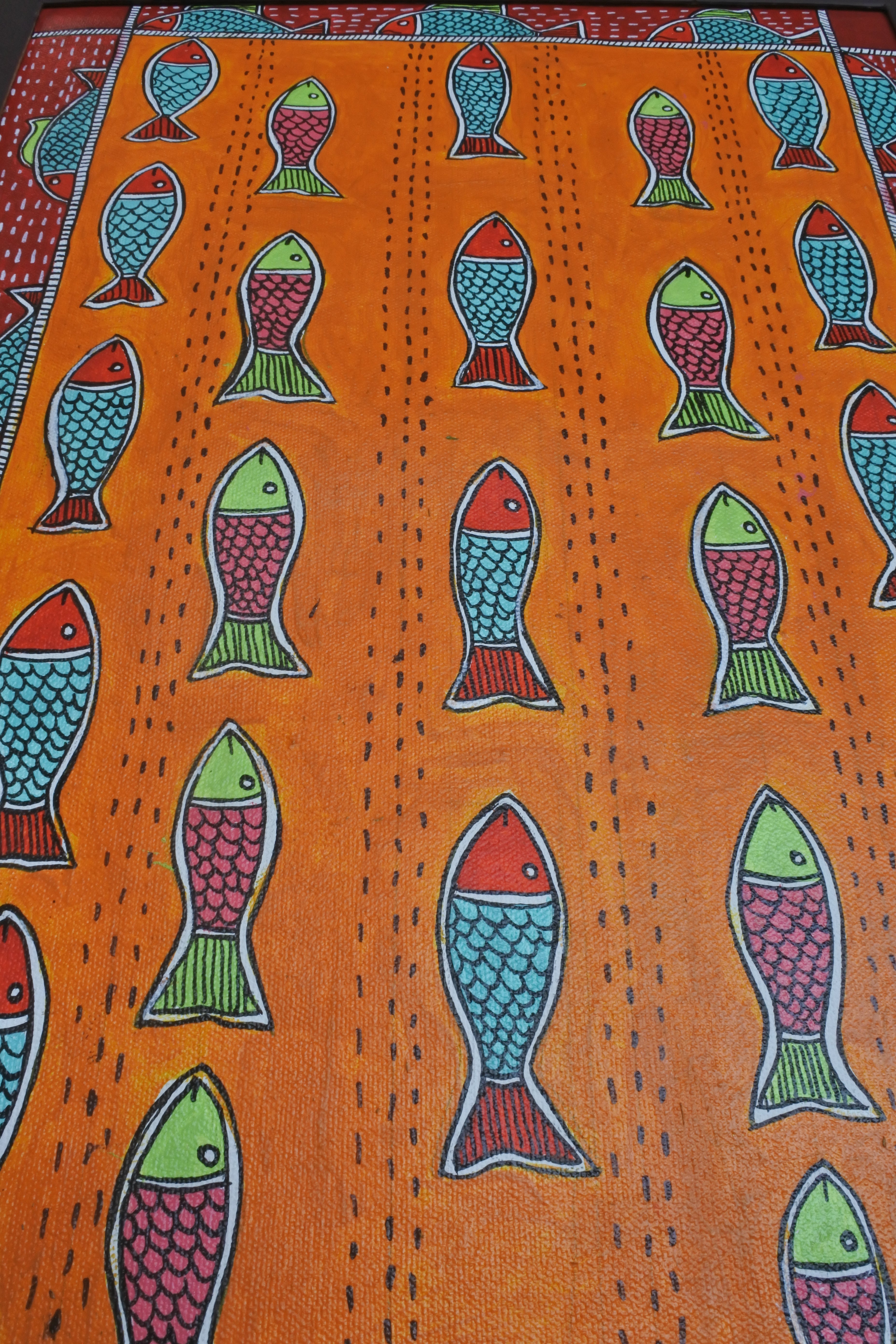 Two fish move in perfect harmony, symbolizing balance, fertility, and the continuous flow of prosperity. Rooted in Mithila tradition, this hand-painted piece represents abundance entering the home effortlessly. The intricate patterns reflect life’s interconnected rhythm—making it both a visual and spiritual centerpiece.

 Perfect for those who appreciate the deeper meanings behind nature's symbols, it brings the message of wealth and balance into any space.