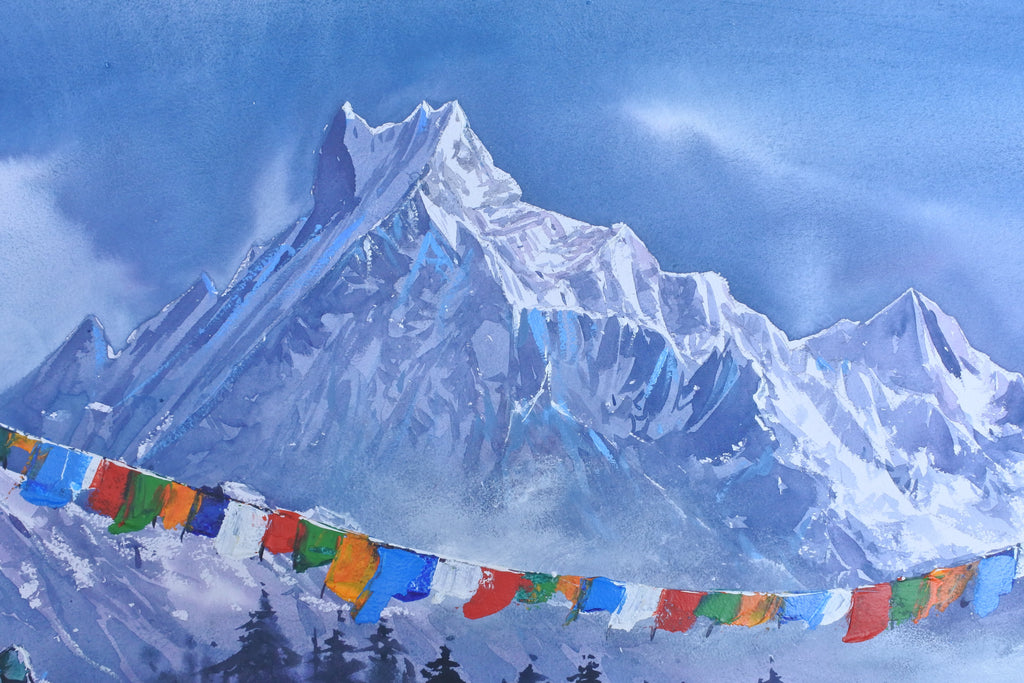 Snowy mountain landscape with prayer flags and hikers, painted by Gyanendra Shrestha.