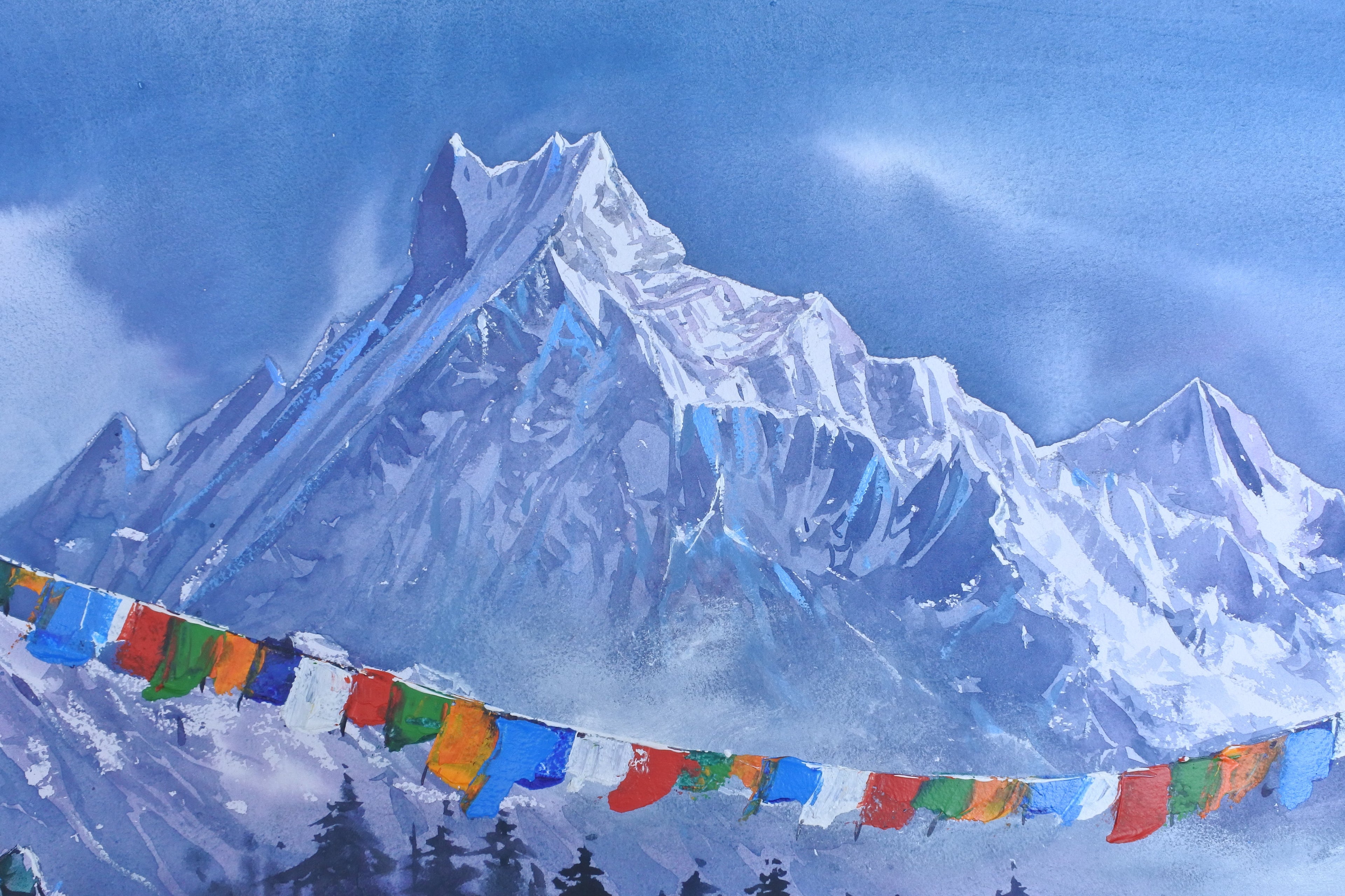 Snowy mountain landscape with prayer flags and hikers, painted by Gyanendra Shrestha.