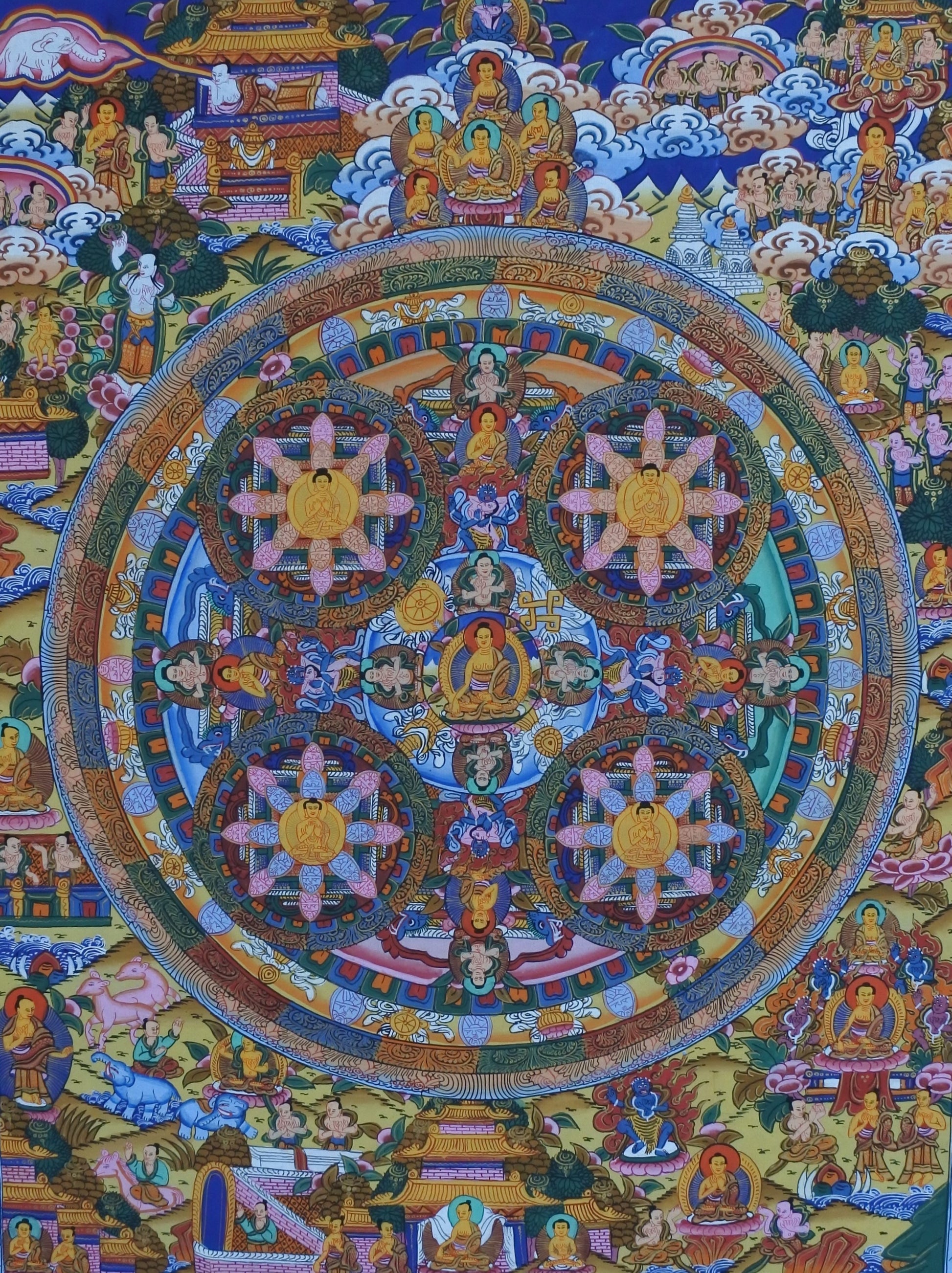 This elegant thangka painting illustrates Buddha in five circles surrounded by several wrathful deities and Bodhisattvas scattered around the mandala.