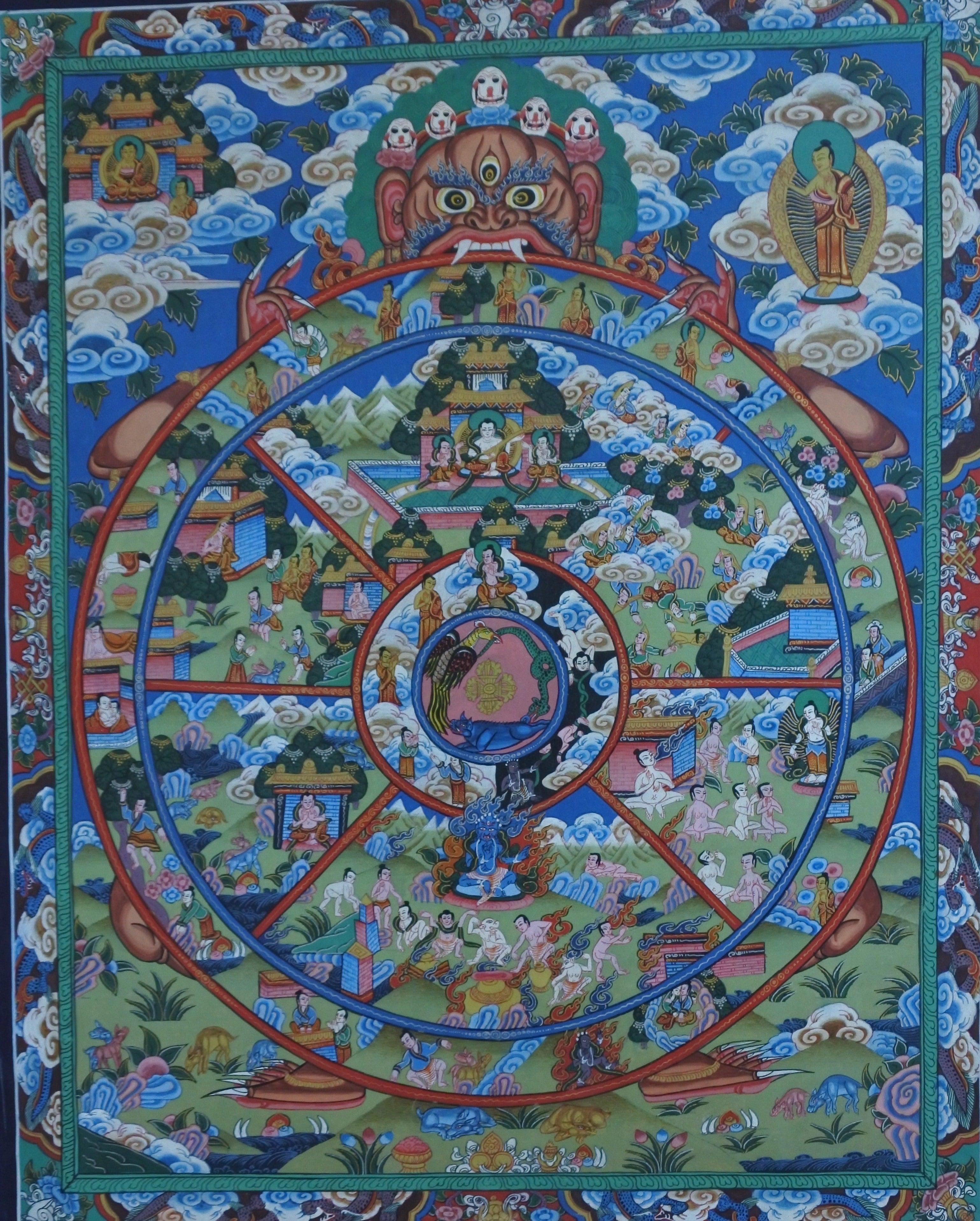 The Wheel of Life or “Bhavacakra” is well known is a powerful meditation tool to understand the teachings of the Buddha.  The Wheel represents the very reasons for the suffering of our mortal form, through both horrific and sublime imagery and it can be seen painted on the walls of many Tibetan Buddhist monasteries in all Himalayan regions.
