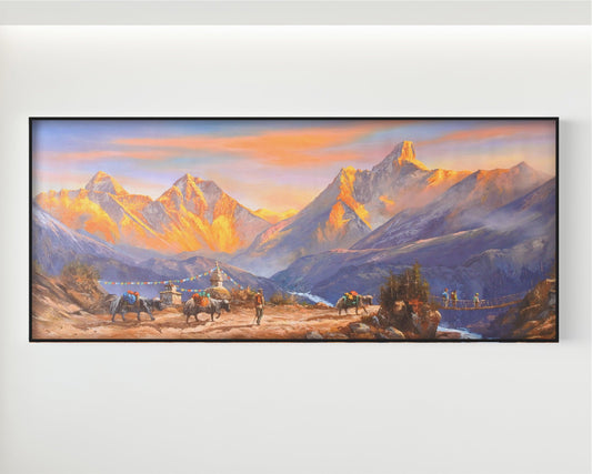 Mt. Everest, Mt. Ama Dablam, Khumbu Valley, Himalayan Yaks, Suspension bridge, Oil Painting, Himalayan Range, Everest Painting, Ama Dablam Painting, Mountains of Nepal